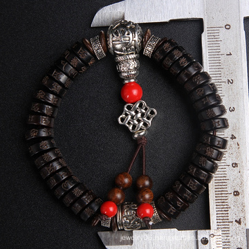 Y0057 Vintage Carving Six word Mantra Cross Natural Coconut Wood Prayer Bracelet